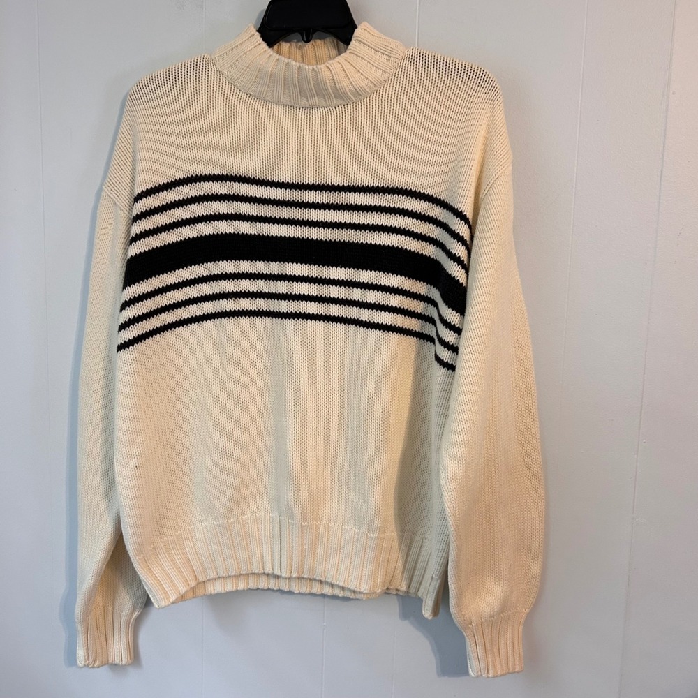 Daniel Cremieux Sport Mens XL Cream Navy Striped Mock Neck Cotton Sweater